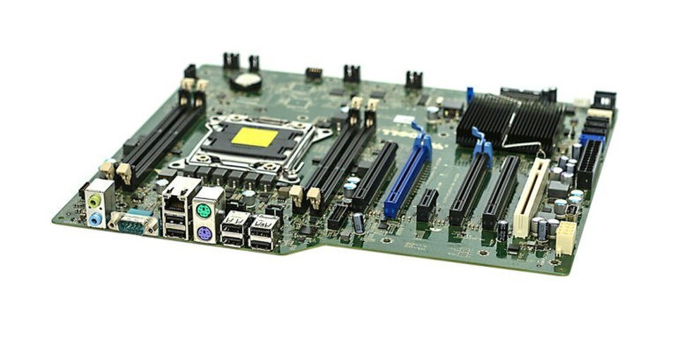 An ATX motherboard showing PCIe slots, DIMM slots, chipset, and rear I/O panel